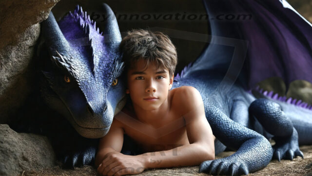 The Dragon Prince - A very attractive shirtless young male prince, with his dragon. The Dragon Prince - A very attractive shirtless young male prince, with a muscular body. Handsome, beautiful facial features, standing next to him a huge dragon, the dragon staring directly at camera, with his piercing eyes, his mouth slightly opened, degerming if we could be a threat.