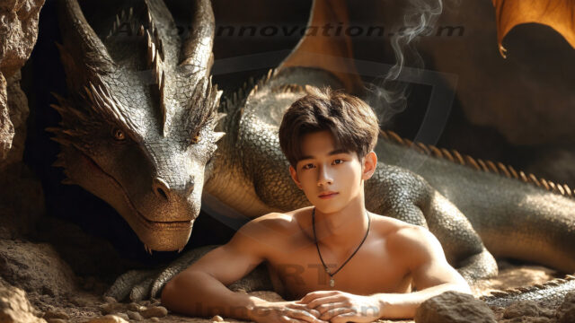 The Dragon Prince - A very attractive shirtless young male prince, with his dragon. The Dragon Prince - A very attractive shirtless young male prince, with a muscular body. Handsome, beautiful facial features, standing next to him a huge dragon, the dragon staring directly at camera, with his piercing eyes, his mouth slightly opened, degerming if we could be a threat.