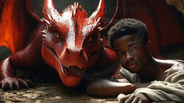 The Dragon Prince - A very attractive shirtless young male prince, with his dragon. The Dragon Prince - A very attractive shirtless young male prince, with a muscular body. Handsome, beautiful facial features, standing next to him a huge dragon, the dragon staring directly at camera, with his piercing eyes, his mouth slightly opened, degerming if we could be a threat.