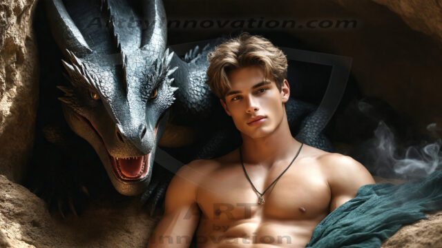 The Dragon Prince - A very attractive shirtless young male prince, with his dragon. The Dragon Prince - A very attractive shirtless young male prince, with a muscular body. Handsome, beautiful facial features, standing next to him a huge dragon, the dragon staring directly at camera, with his piercing eyes, his mouth slightly opened, degerming if we could be a threat.