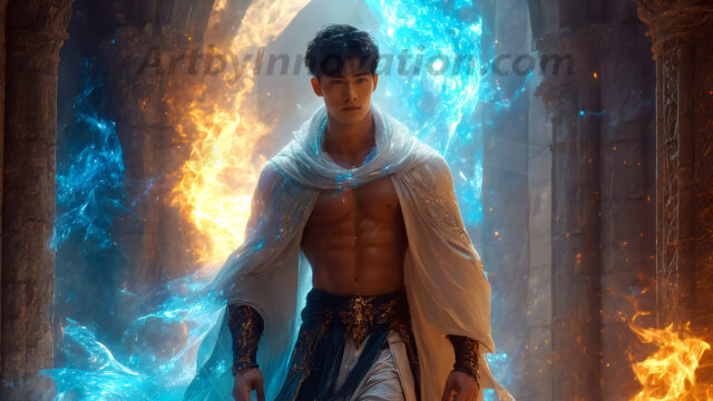 AI-generated abstract art featuring beautiful, handsome, sexy, shirtless, men, boys, lads. Fantasy, elemental mages typically have the ability to manipulate the basic elements, such as fire, water, earth, and air. This can extend to controlling sub-elements like ice, lightning, and sometimes even metal or wood.