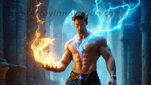 AI-generated abstract art featuring beautiful, handsome, sexy, shirtless, men, boys, lads. Fantasy, elemental mages typically have the ability to manipulate the basic elements, such as fire, water, earth, and air. This can extend to controlling sub-elements like ice, lightning, and sometimes even metal or wood.