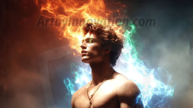 AI-generated abstract art featuring beautiful, handsome, sexy, shirtless, men, boys, lads. Fantasy, elemental mages typically have the ability to manipulate the basic elements, such as fire, water, earth, and air. This can extend to controlling sub-elements like ice, lightning, and sometimes even metal or wood.