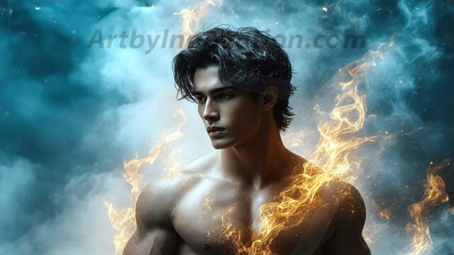 AI-generated abstract art featuring beautiful, handsome, sexy, shirtless, men, boys, lads. Fantasy, elemental mages typically have the ability to manipulate the basic elements, such as fire, water, earth, and air. This can extend to controlling sub-elements like ice, lightning, and sometimes even metal or wood.