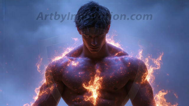 AI-generated abstract art featuring beautiful, handsome, sexy, shirtless, men, boys, lads. Fantasy, elemental mages typically have the ability to manipulate the basic elements, such as fire, water, earth, and air. This can extend to controlling sub-elements like ice, lightning, and sometimes even metal or wood.