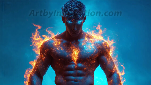 AI-generated abstract art featuring beautiful, handsome, sexy, shirtless, men, boys, lads. Fantasy, elemental mages typically have the ability to manipulate the basic elements, such as fire, water, earth, and air. This can extend to controlling sub-elements like ice, lightning, and sometimes even metal or wood.