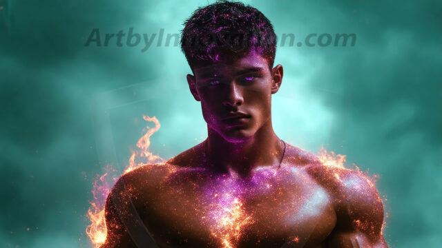AI-generated abstract art featuring beautiful, handsome, sexy, shirtless, men, boys, lads. Fantasy, elemental mages typically have the ability to manipulate the basic elements, such as fire, water, earth, and air. This can extend to controlling sub-elements like ice, lightning, and sometimes even metal or wood.