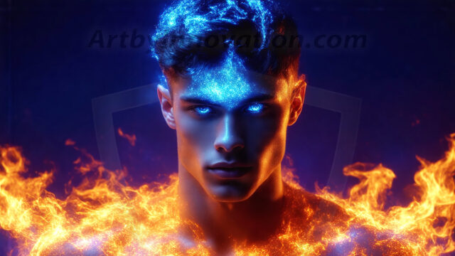 AI-generated abstract art featuring beautiful, handsome, sexy, shirtless, men, boys, lads. Fantasy, elemental mages typically have the ability to manipulate the basic elements, such as fire, water, earth, and air. This can extend to controlling sub-elements like ice, lightning, and sometimes even metal or wood.