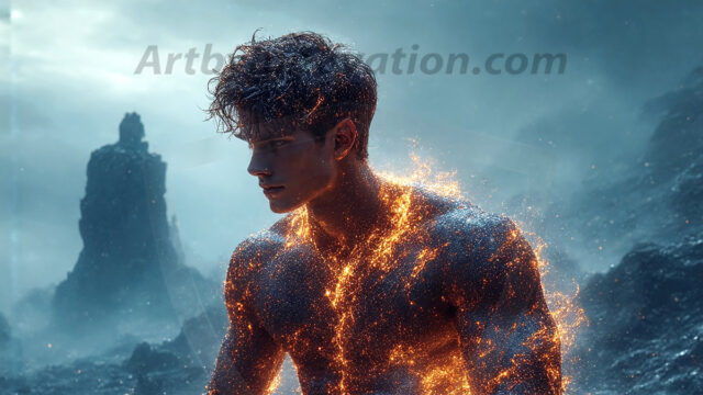 AI-generated abstract art featuring beautiful, handsome, sexy, shirtless, men, boys, lads. Fantasy, elemental mages typically have the ability to manipulate the basic elements, such as fire, water, earth, and air. This can extend to controlling sub-elements like ice, lightning, and sometimes even metal or wood.