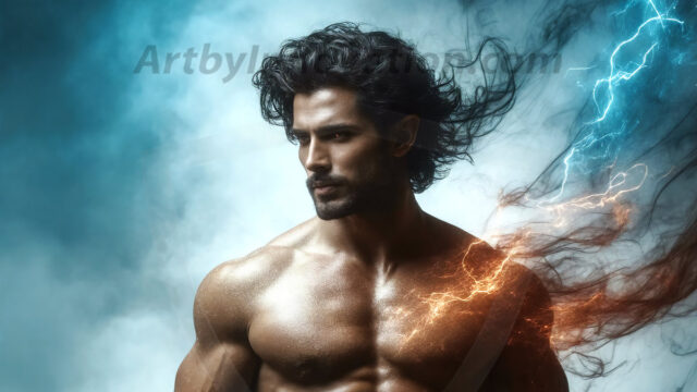 AI-generated abstract art featuring beautiful, handsome, sexy, shirtless, men, boys, lads. Fantasy, elemental mages typically have the ability to manipulate the basic elements, such as fire, water, earth, and air. This can extend to controlling sub-elements like ice, lightning, and sometimes even metal or wood.