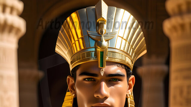 King Tutankhamun - Egyptian Pharaoh. An AI generated photo of the teenaged Egyptian Faro standing proud. Wearing a shendyt, leaving the legs & hips exposed, an elaborate headdresses, arm cuffs, and jewelry, to symbolize his power and divine status. The young Egyptian Faro is in an Grand Egyptian temple with golden pillars and vibrantly colored Egyptian hieroglyphs.
