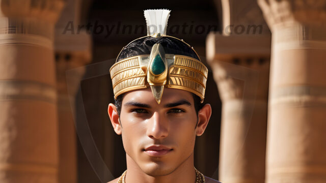 King Tutankhamun - Egyptian Pharaoh. An AI generated photo of the teenaged Egyptian Faro standing proud. Wearing a shendyt, leaving the legs & hips exposed, an elaborate headdresses, arm cuffs, and jewelry, to symbolize his power and divine status. The young Egyptian Faro is in an Grand Egyptian temple with golden pillars and vibrantly colored Egyptian hieroglyphs.