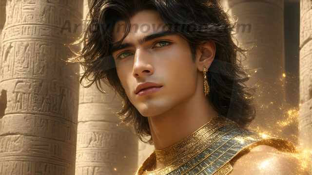 King Tutankhamun - Egyptian Pharaoh. An AI generated photo of the teenaged Egyptian Faro standing proud. Wearing a shendyt, leaving the legs & hips exposed, an elaborate headdresses, arm cuffs, and jewelry, to symbolize his power and divine status. The young Egyptian Faro is in an Grand Egyptian temple with golden pillars and vibrantly colored Egyptian hieroglyphs.