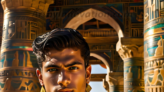 King Tutankhamun - Egyptian Pharaoh. An AI generated photo of the teenaged Egyptian Faro standing proud. Wearing a shendyt, leaving the legs & hips exposed, an elaborate headdresses, arm cuffs, and jewelry, to symbolize his power and divine status. The young Egyptian Faro is in an Grand Egyptian temple with golden pillars and vibrantly colored Egyptian hieroglyphs.