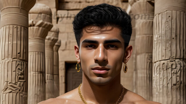 King Tutankhamun - Egyptian Pharaoh. An AI generated photo of the teenaged Egyptian Faro standing proud. Wearing a shendyt, leaving the legs & hips exposed, an elaborate headdresses, arm cuffs, and jewelry, to symbolize his power and divine status. The young Egyptian Faro is in an Grand Egyptian temple with golden pillars and vibrantly colored Egyptian hieroglyphs.