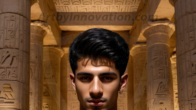 King Tutankhamun - Egyptian Pharaoh. An AI generated photo of the teenaged Egyptian Faro standing proud. Wearing a shendyt, leaving the legs & hips exposed, an elaborate headdresses, arm cuffs, and jewelry, to symbolize his power and divine status. The young Egyptian Faro is in an Grand Egyptian temple with golden pillars and vibrantly colored Egyptian hieroglyphs.