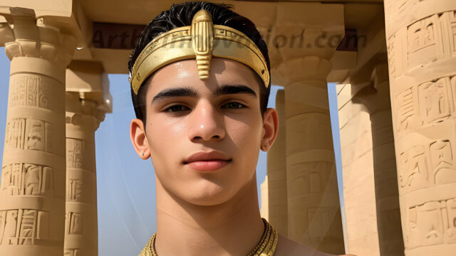 King Tutankhamun - Egyptian Pharaoh. An AI generated photo of the teenaged Egyptian Faro standing proud. Wearing a shendyt, leaving the legs & hips exposed, an elaborate headdresses, arm cuffs, and jewelry, to symbolize his power and divine status. The young Egyptian Faro is in an Grand Egyptian temple with golden pillars and vibrantly colored Egyptian hieroglyphs.