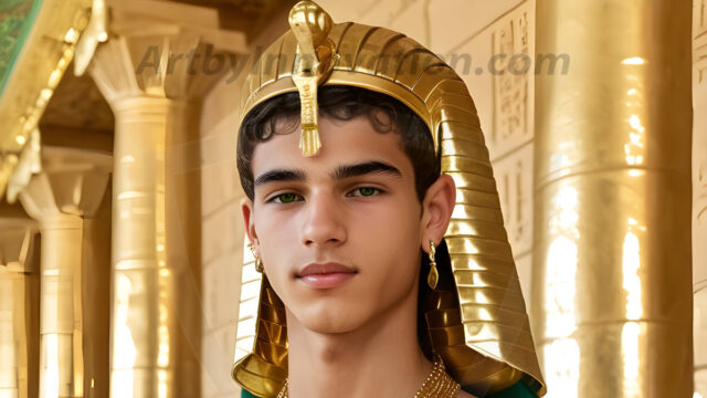 King Tutankhamun - Egyptian Pharaoh. An AI generated photo of the teenaged Egyptian Faro standing proud. Wearing a shendyt, leaving the legs & hips exposed, an elaborate headdresses, arm cuffs, and jewelry, to symbolize his power and divine status. The young Egyptian Faro is in an Grand Egyptian temple with golden pillars and vibrantly colored Egyptian hieroglyphs.