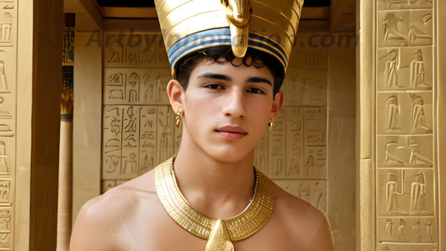 King Tutankhamun - Egyptian Pharaoh. An AI generated photo of the teenaged Egyptian Faro standing proud. Wearing a shendyt, leaving the legs & hips exposed, an elaborate headdresses, arm cuffs, and jewelry, to symbolize his power and divine status. The young Egyptian Faro is in an Grand Egyptian temple with golden pillars and vibrantly colored Egyptian hieroglyphs.