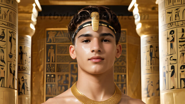 King Tutankhamun - Egyptian Pharaoh. An AI generated photo of the teenaged Egyptian Faro standing proud. Wearing a shendyt, leaving the legs & hips exposed, an elaborate headdresses, arm cuffs, and jewelry, to symbolize his power and divine status. The young Egyptian Faro is in an Grand Egyptian temple with golden pillars and vibrantly colored Egyptian hieroglyphs.