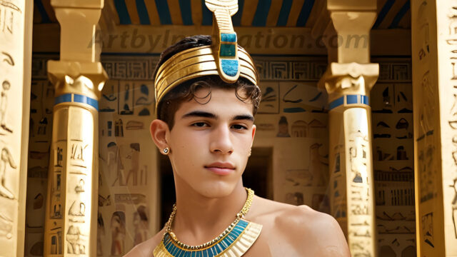 King Tutankhamun - Egyptian Pharaoh. An AI generated photo of the teenaged Egyptian Faro standing proud. Wearing a shendyt, leaving the legs & hips exposed, an elaborate headdresses, arm cuffs, and jewelry, to symbolize his power and divine status. The young Egyptian Faro is in an Grand Egyptian temple with golden pillars and vibrantly colored Egyptian hieroglyphs.