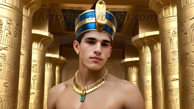 King Tutankhamun - Egyptian Pharaoh. An AI generated photo of the teenaged Egyptian Faro standing proud. Wearing a shendyt, leaving the legs & hips exposed, an elaborate headdresses, arm cuffs, and jewelry, to symbolize his power and divine status. The young Egyptian Faro is in an Grand Egyptian temple with golden pillars and vibrantly colored Egyptian hieroglyphs.