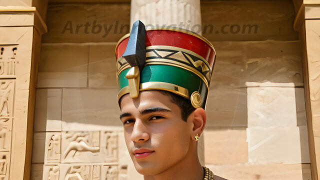 King Tutankhamun - Egyptian Pharaoh. An AI generated photo of the teenaged Egyptian Faro standing proud. Wearing a shendyt, leaving the legs & hips exposed, an elaborate headdresses, arm cuffs, and jewelry, to symbolize his power and divine status. The young Egyptian Faro is in an Grand Egyptian temple with golden pillars and vibrantly colored Egyptian hieroglyphs.