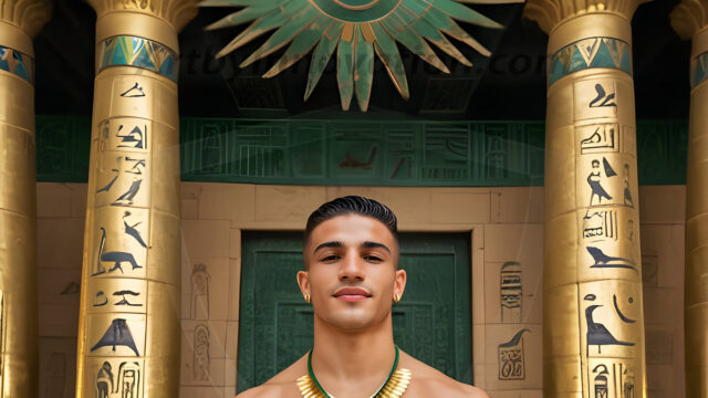 King Tutankhamun - Egyptian Pharaoh. An AI generated photo of the teenaged Egyptian Faro standing proud. Wearing a shendyt, leaving the legs & hips exposed, an elaborate headdresses, arm cuffs, and jewelry, to symbolize his power and divine status. The young Egyptian Faro is in an Grand Egyptian temple with golden pillars and vibrantly colored Egyptian hieroglyphs.