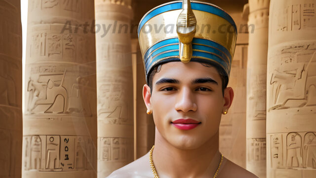 King Tutankhamun - Egyptian Pharaoh. An AI generated photo of the teenaged Egyptian Faro standing proud. Wearing a shendyt, leaving the legs & hips exposed, an elaborate headdresses, arm cuffs, and jewelry, to symbolize his power and divine status. The young Egyptian Faro is in an Grand Egyptian temple with golden pillars and vibrantly colored Egyptian hieroglyphs.