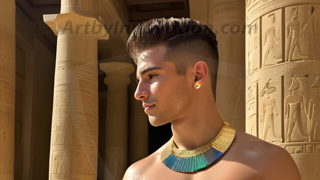 King Tutankhamun - Egyptian Pharaoh. An AI generated photo of the teenaged Egyptian Faro standing proud. Wearing a shendyt, leaving the legs & hips exposed, an elaborate headdresses, arm cuffs, and jewelry, to symbolize his power and divine status. The young Egyptian Faro is in an Grand Egyptian temple with golden pillars and vibrantly colored Egyptian hieroglyphs.