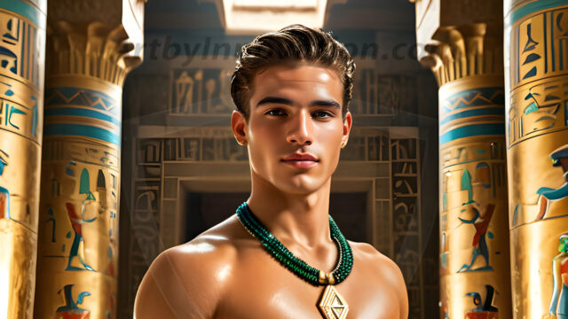 King Tutankhamun - Egyptian Pharaoh. An AI generated photo of the teenaged Egyptian Faro standing proud. Wearing a shendyt, leaving the legs & hips exposed, an elaborate headdresses, arm cuffs, and jewelry, to symbolize his power and divine status. The young Egyptian Faro is in an Grand Egyptian temple with golden pillars and vibrantly colored Egyptian hieroglyphs.