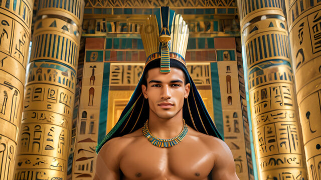 King Tutankhamun - Egyptian Pharaoh. An AI generated photo of the teenaged Egyptian Faro standing proud. Wearing a shendyt, leaving the legs & hips exposed, an elaborate headdresses, arm cuffs, and jewelry, to symbolize his power and divine status. The young Egyptian Faro is in an Grand Egyptian temple with golden pillars and vibrantly colored Egyptian hieroglyphs.
