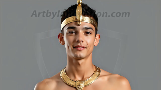 King Tutankhamun - Egyptian Pharaoh. An AI generated photo of the teenaged Egyptian Faro standing proud. Wearing a shendyt, leaving the legs & hips exposed, an elaborate headdresses, arm cuffs, and jewelry, to symbolize his power and divine status. The young Egyptian Faro is in an Grand Egyptian temple with golden pillars and vibrantly colored Egyptian hieroglyphs.