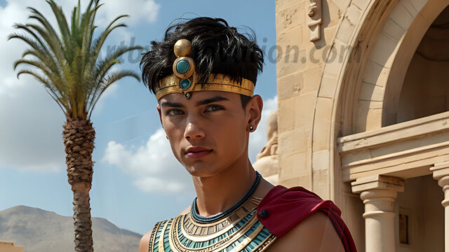 King Tutankhamun - Egyptian Pharaoh. An AI generated photo of the teenaged Egyptian Faro standing proud. Wearing a shendyt, leaving the legs & hips exposed, an elaborate headdresses, arm cuffs, and jewelry, to symbolize his power and divine status. The young Egyptian Faro is in an Grand Egyptian temple with golden pillars and vibrantly colored Egyptian hieroglyphs.
