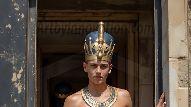 King Tutankhamun - Egyptian Pharaoh. An AI generated photo of the teenaged Egyptian Faro standing proud. Wearing a shendyt, leaving the legs & hips exposed, an elaborate headdresses, arm cuffs, and jewelry, to symbolize his power and divine status. The young Egyptian Faro is in an Grand Egyptian temple with golden pillars and vibrantly colored Egyptian hieroglyphs.