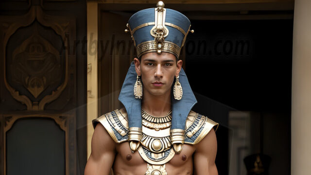 King Tutankhamun - Egyptian Pharaoh. An AI generated photo of the teenaged Egyptian Faro standing proud. Wearing a shendyt, leaving the legs & hips exposed, an elaborate headdresses, arm cuffs, and jewelry, to symbolize his power and divine status. The young Egyptian Faro is in an Grand Egyptian temple with golden pillars and vibrantly colored Egyptian hieroglyphs.