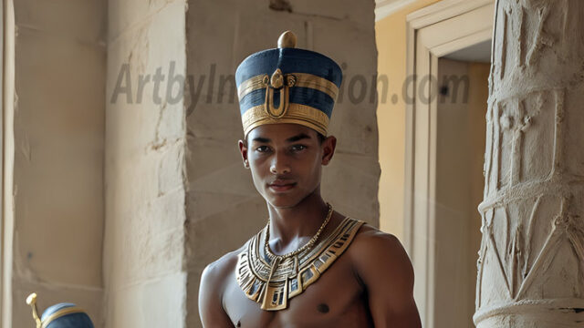 King Tutankhamun - Egyptian Pharaoh. An AI generated photo of the teenaged Egyptian Faro standing proud. Wearing a shendyt, leaving the legs & hips exposed, an elaborate headdresses, arm cuffs, and jewelry, to symbolize his power and divine status. The young Egyptian Faro is in an Grand Egyptian temple with golden pillars and vibrantly colored Egyptian hieroglyphs.