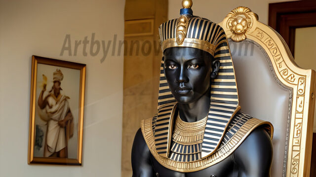 King Tutankhamun - Egyptian Pharaoh. An AI generated photo of the teenaged Egyptian Faro standing proud. Wearing a shendyt, leaving the legs & hips exposed, an elaborate headdresses, arm cuffs, and jewelry, to symbolize his power and divine status. The young Egyptian Faro is in an Grand Egyptian temple with golden pillars and vibrantly colored Egyptian hieroglyphs.