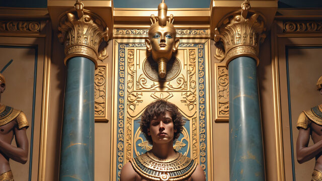 King Tutankhamun - Egyptian Pharaoh. An AI generated photo of the teenaged Egyptian Faro standing proud. Wearing a shendyt, leaving the legs & hips exposed, an elaborate headdresses, arm cuffs, and jewelry, to symbolize his power and divine status. The young Egyptian Faro is in an Grand Egyptian temple with golden pillars and vibrantly colored Egyptian hieroglyphs.