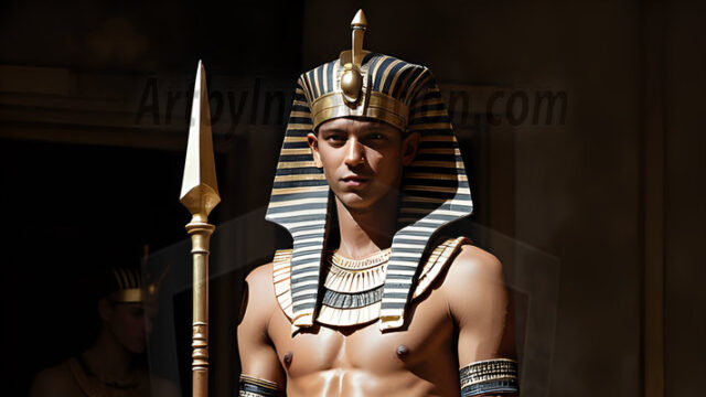 King Tutankhamun - Egyptian Pharaoh. An AI generated photo of the teenaged Egyptian Faro standing proud. Wearing a shendyt, leaving the legs & hips exposed, an elaborate headdresses, arm cuffs, and jewelry, to symbolize his power and divine status. The young Egyptian Faro is in an Grand Egyptian temple with golden pillars and vibrantly colored Egyptian hieroglyphs.