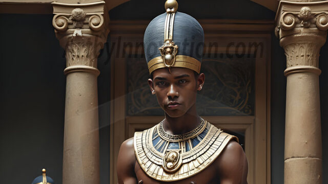 King Tutankhamun - Egyptian Pharaoh. An AI generated photo of the teenaged Egyptian Faro standing proud. Wearing a shendyt, leaving the legs & hips exposed, an elaborate headdresses, arm cuffs, and jewelry, to symbolize his power and divine status. The young Egyptian Faro is in an Grand Egyptian temple with golden pillars and vibrantly colored Egyptian hieroglyphs.