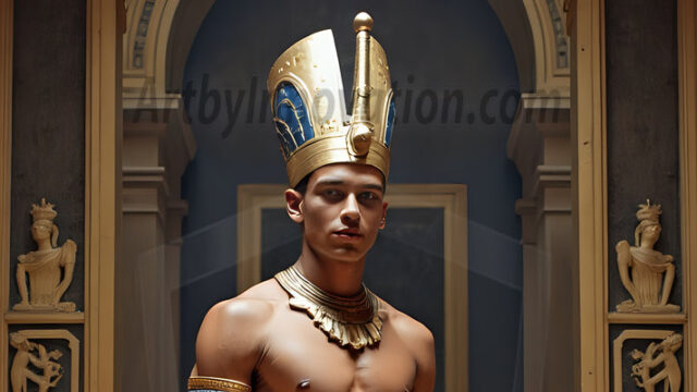 King Tutankhamun - Egyptian Pharaoh. An AI generated photo of the teenaged Egyptian Faro standing proud. Wearing a shendyt, leaving the legs & hips exposed, an elaborate headdresses, arm cuffs, and jewelry, to symbolize his power and divine status. The young Egyptian Faro is in an Grand Egyptian temple with golden pillars and vibrantly colored Egyptian hieroglyphs.