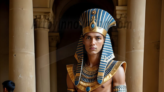 King Tutankhamun - Egyptian Pharaoh. An AI generated photo of the teenaged Egyptian Faro standing proud. Wearing a shendyt, leaving the legs & hips exposed, an elaborate headdresses, arm cuffs, and jewelry, to symbolize his power and divine status. The young Egyptian Faro is in an Grand Egyptian temple with golden pillars and vibrantly colored Egyptian hieroglyphs.