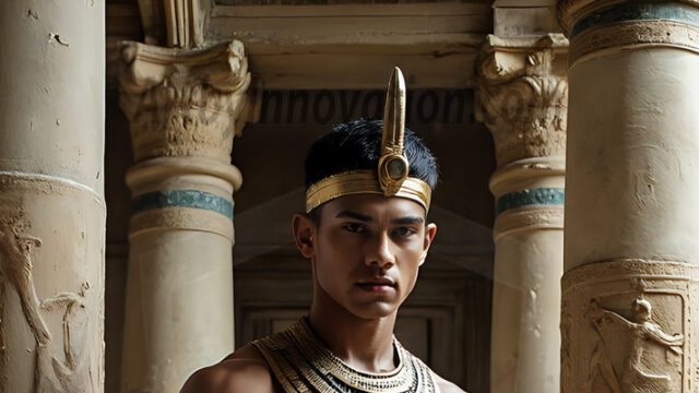 King Tutankhamun - Egyptian Pharaoh. An AI generated photo of the teenaged Egyptian Faro standing proud. Wearing a shendyt, leaving the legs & hips exposed, an elaborate headdresses, arm cuffs, and jewelry, to symbolize his power and divine status. The young Egyptian Faro is in an Grand Egyptian temple with golden pillars and vibrantly colored Egyptian hieroglyphs.