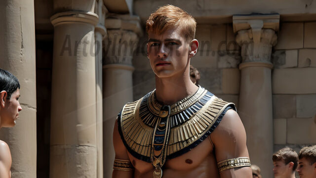 King Tutankhamun - Egyptian Pharaoh. An AI generated photo of the teenaged Egyptian Faro standing proud. Wearing a shendyt, leaving the legs & hips exposed, an elaborate headdresses, arm cuffs, and jewelry, to symbolize his power and divine status. The young Egyptian Faro is in an Grand Egyptian temple with golden pillars and vibrantly colored Egyptian hieroglyphs.