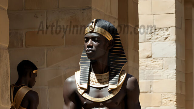 King Tutankhamun - Egyptian Pharaoh. An AI generated photo of the teenaged Egyptian Faro standing proud. Wearing a shendyt, leaving the legs & hips exposed, an elaborate headdresses, arm cuffs, and jewelry, to symbolize his power and divine status. The young Egyptian Faro is in an Grand Egyptian temple with golden pillars and vibrantly colored Egyptian hieroglyphs.