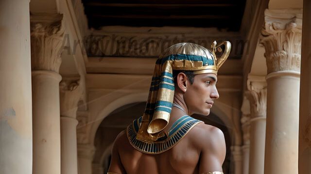 King Tutankhamun - Egyptian Pharaoh. An AI generated photo of the teenaged Egyptian Faro standing proud. Wearing a shendyt, leaving the legs & hips exposed, an elaborate headdresses, arm cuffs, and jewelry, to symbolize his power and divine status. The young Egyptian Faro is in an Grand Egyptian temple with golden pillars and vibrantly colored Egyptian hieroglyphs.