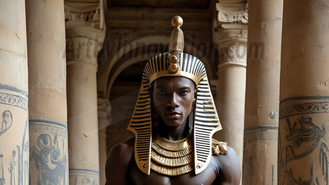 King Tutankhamun - Egyptian Pharaoh. An AI generated photo of the teenaged Egyptian Faro standing proud. Wearing a shendyt, leaving the legs & hips exposed, an elaborate headdresses, arm cuffs, and jewelry, to symbolize his power and divine status. The young Egyptian Faro is in an Grand Egyptian temple with golden pillars and vibrantly colored Egyptian hieroglyphs.