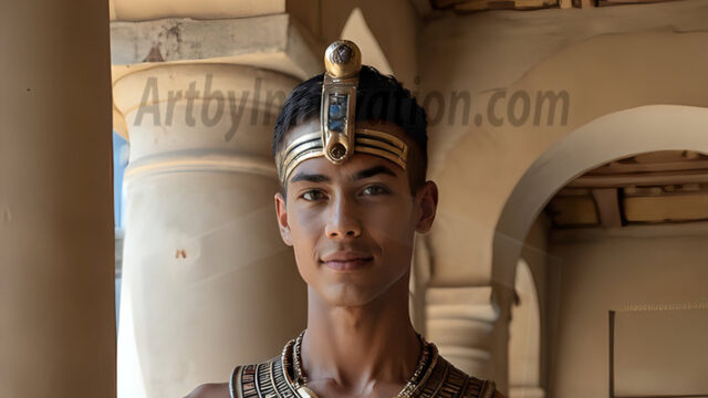 King Tutankhamun - Egyptian Pharaoh. An AI generated photo of the teenaged Egyptian Faro standing proud. Wearing a shendyt, leaving the legs & hips exposed, an elaborate headdresses, arm cuffs, and jewelry, to symbolize his power and divine status. The young Egyptian Faro is in an Grand Egyptian temple with golden pillars and vibrantly colored Egyptian hieroglyphs.