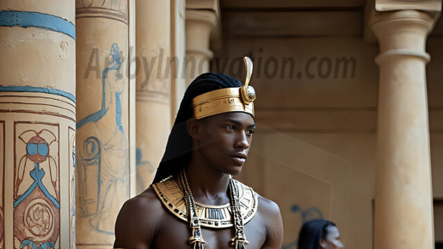 King Tutankhamun - Egyptian Pharaoh. An AI generated photo of the teenaged Egyptian Faro standing proud. Wearing a shendyt, leaving the legs & hips exposed, an elaborate headdresses, arm cuffs, and jewelry, to symbolize his power and divine status. The young Egyptian Faro is in an Grand Egyptian temple with golden pillars and vibrantly colored Egyptian hieroglyphs.
